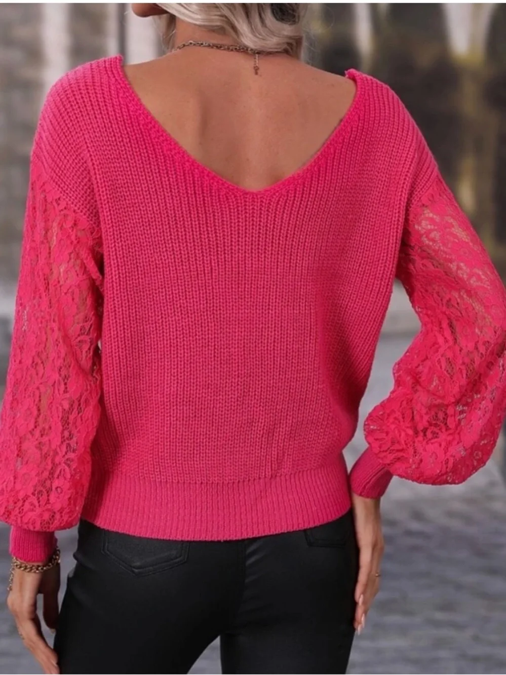 NWOT Twist Back Reversible Sweater Lace Sleeves - Hot Pink, size S